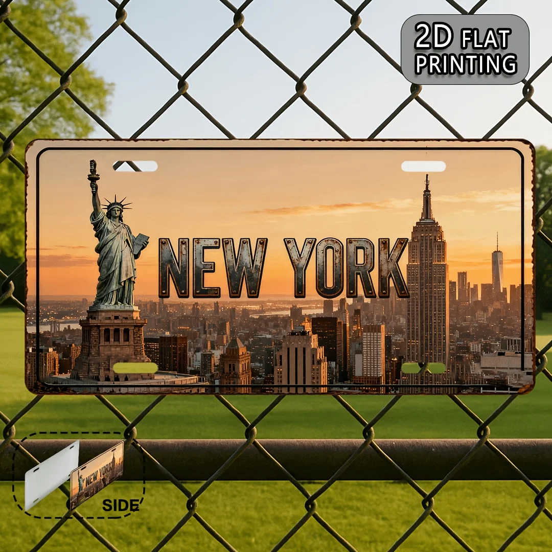 2D Flat, 1pc New York Vintage Metal License Plate Wall Art - 12x6 Inch Retro NYC Taxi Design Sign with Statue of &, Durable Alum