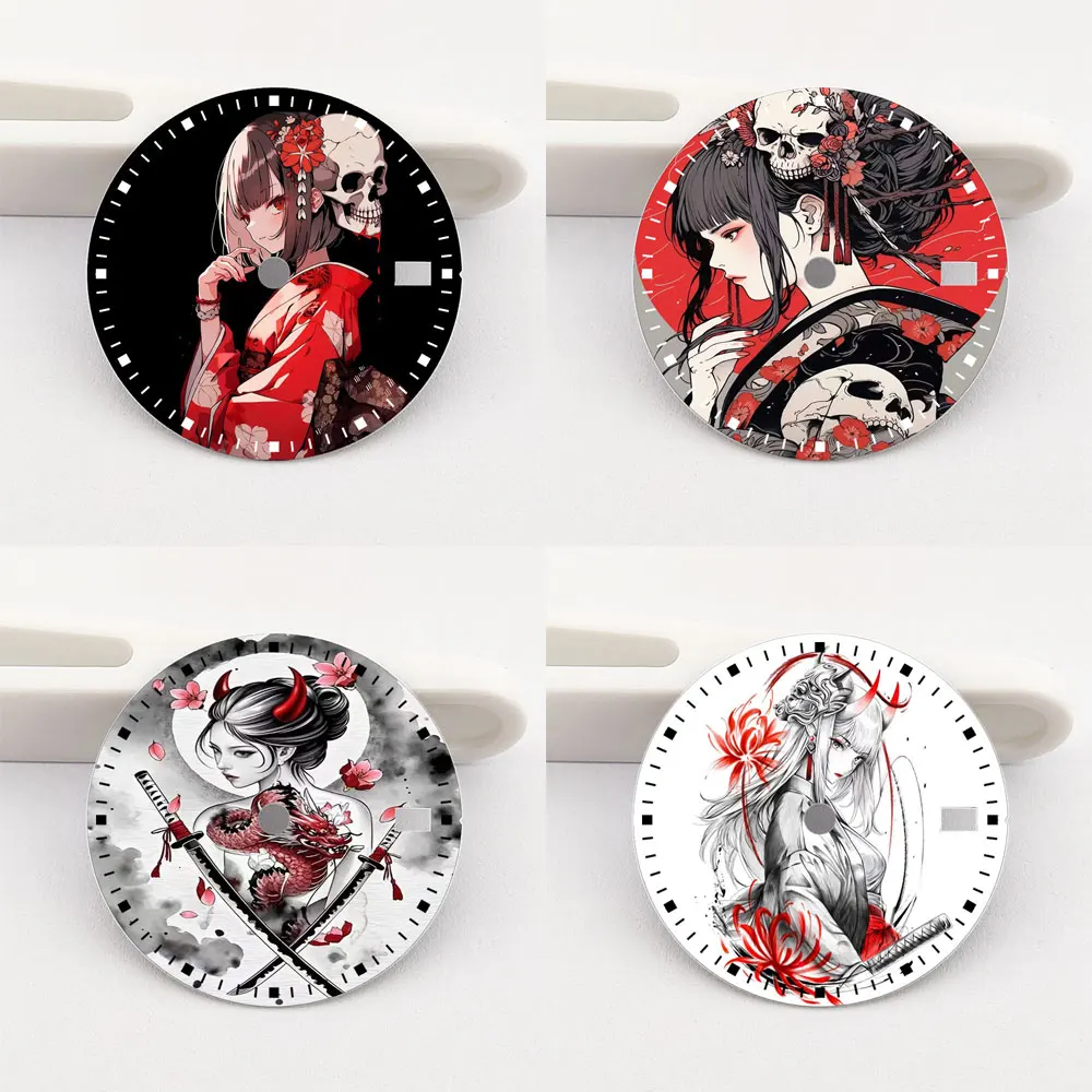 

Циферблат 28,5 мм, женский самурайский элемент, циферблат NH35, креативный циферблат серии с цветной печатью, подходит для аксессуаров для часов с механизмом NH35