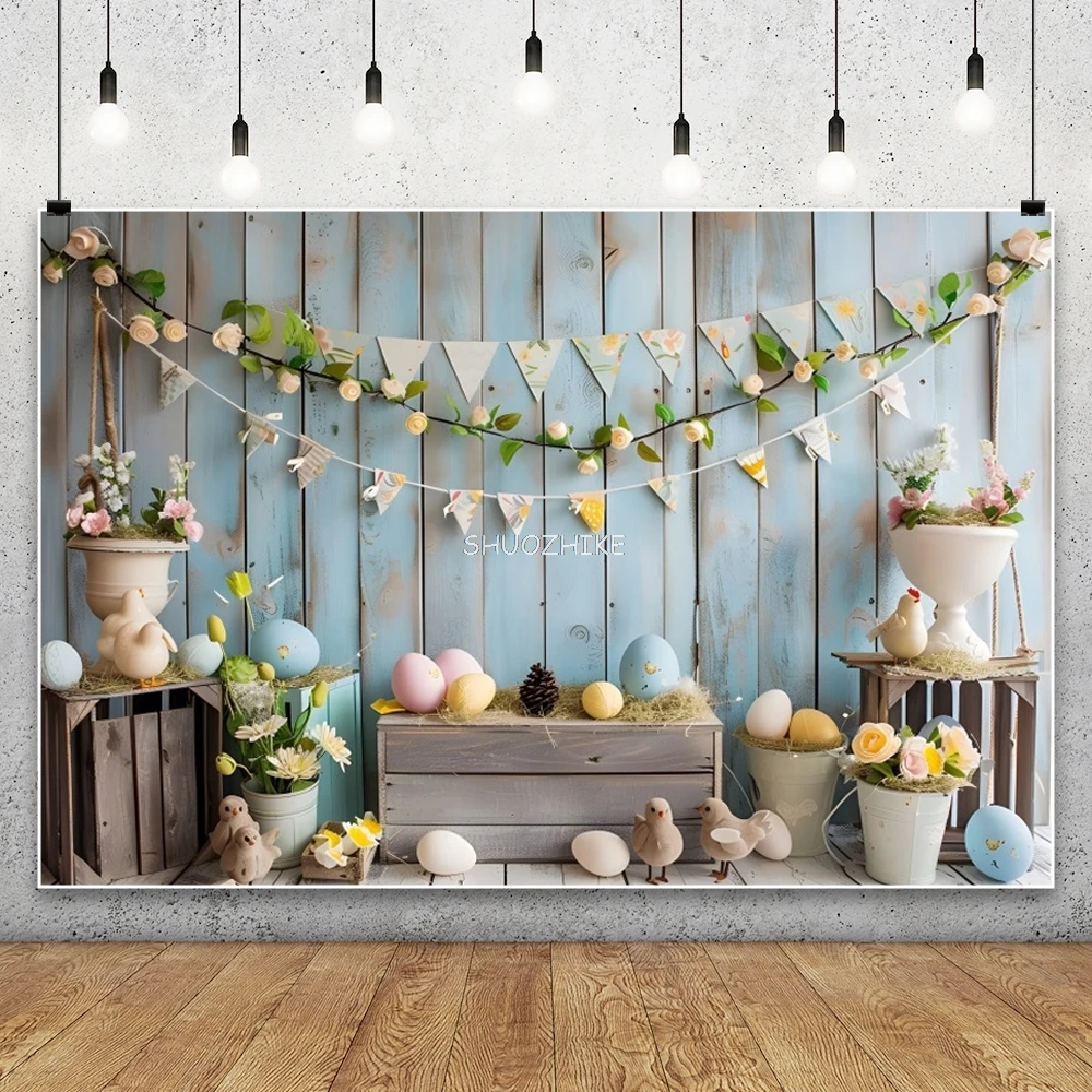 الأزرق الخشب مجلس جدار عيد الفصح خلفيات للتصوير الفوتوغرافي عيد الفصح البيض الملونة الربيع زهرة الطفل صورة خلفية صور استوديو الدعائم