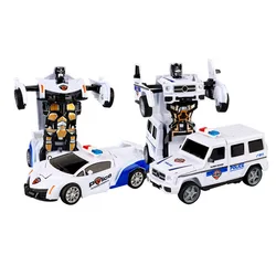 2 In 1 Car Toys Children's Collision Automatic Deformation Police Car Toy Boy Inertia Impact One-Button Transform CarRobot Model