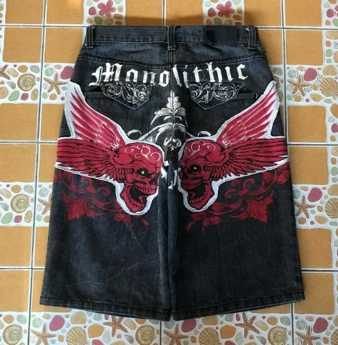 Celana pendek denim musim panas retro Amerika celana pendek motif huruf yang dipersonalisasi Y2K celana pendek kasual longgar high street goth hip-hop