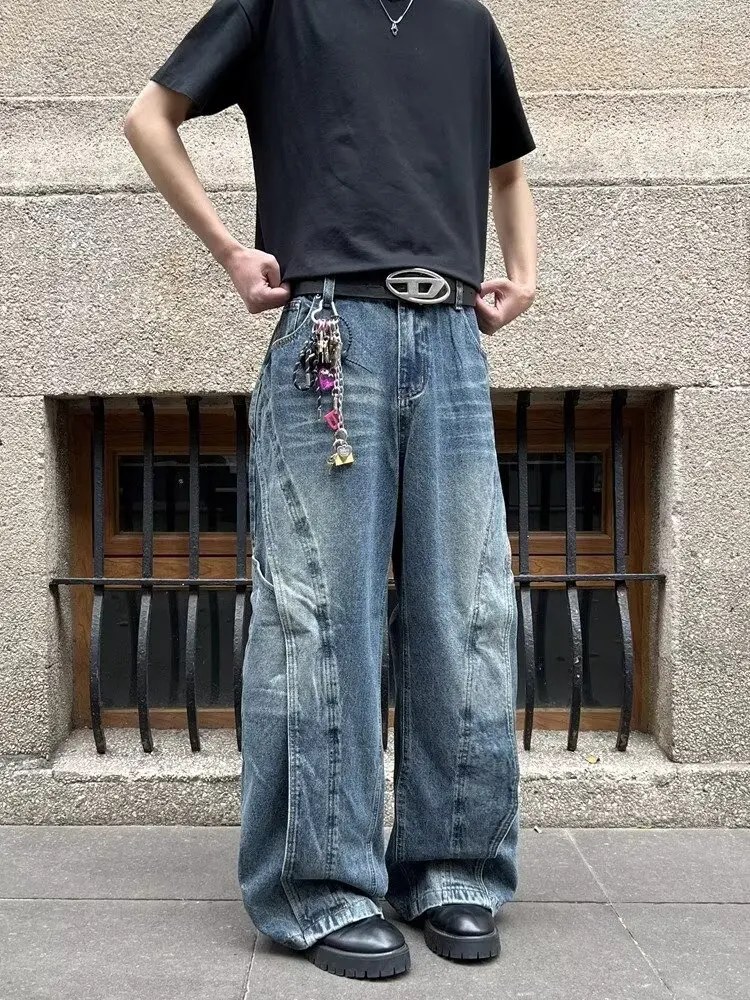2025 Ropa Y2K ملابس الشارع الشهير غسلها الأزرق المرقعة فضفاض الجينز السراويل للرجال الملابس خمر واسعة الساق سراويل جينز Pantalon أوم #5