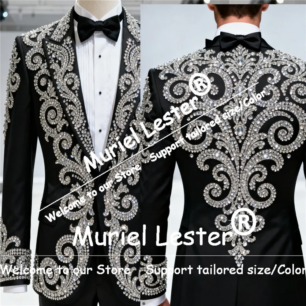 

Luxury Beaded Stones Wedding Suits For Men 2 Piece Set Single Breasted Groom Prom Blazers Customized Man Business Party Tuxedos