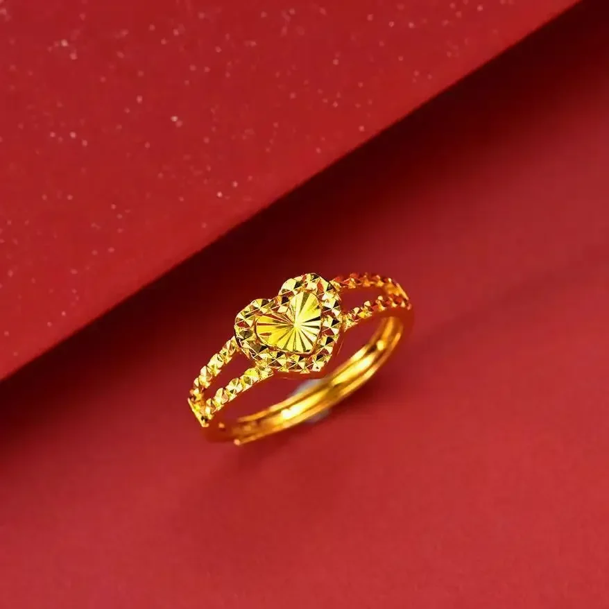 GoldEclat Luxury 9999 24K Real Gold Single Heart Ring  Heart-shaped Ring Valentine's Day Gift for Girlfriend Love Ring Adjustabl