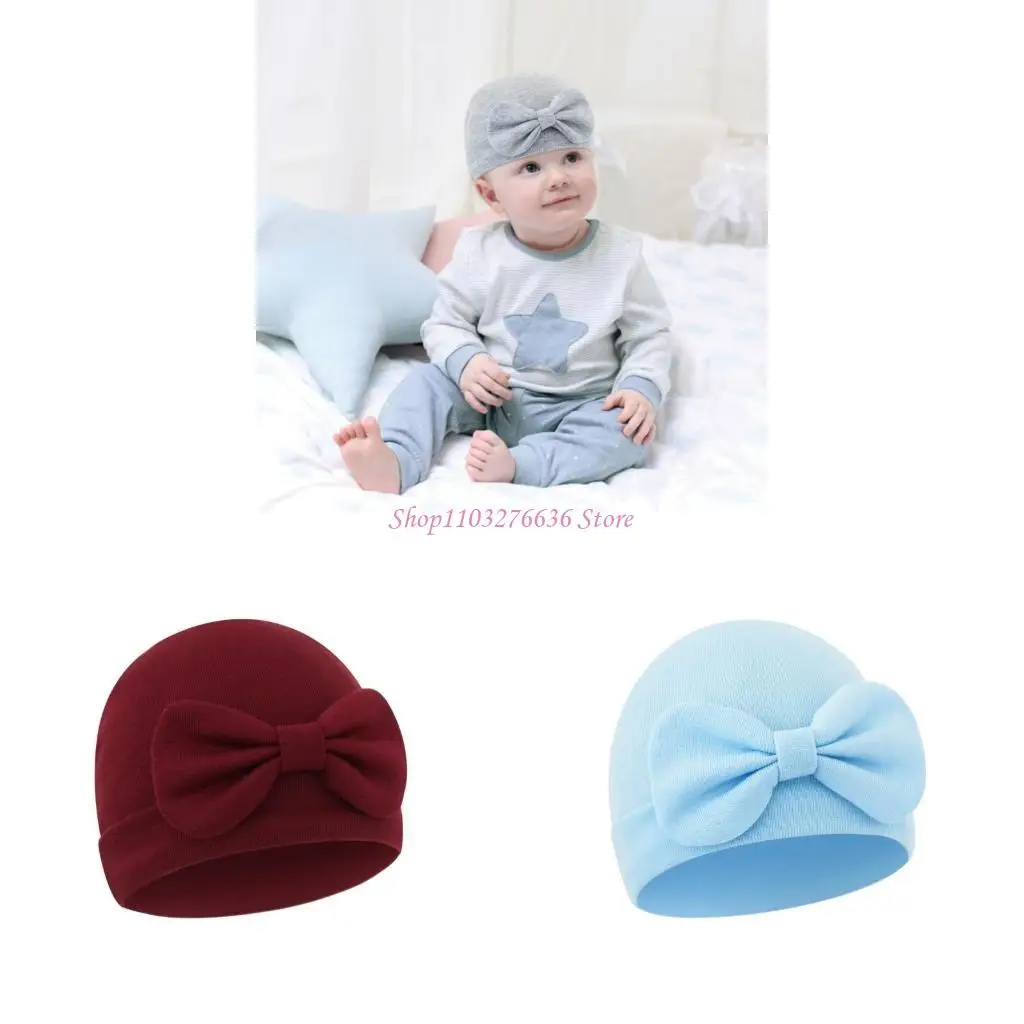 

R6FD Cotton Bonnet Hat Newborns Bowknot Charm Bonnet Soft Breathable Baby Fetal Hat Brimless Hospital Caps Windproof