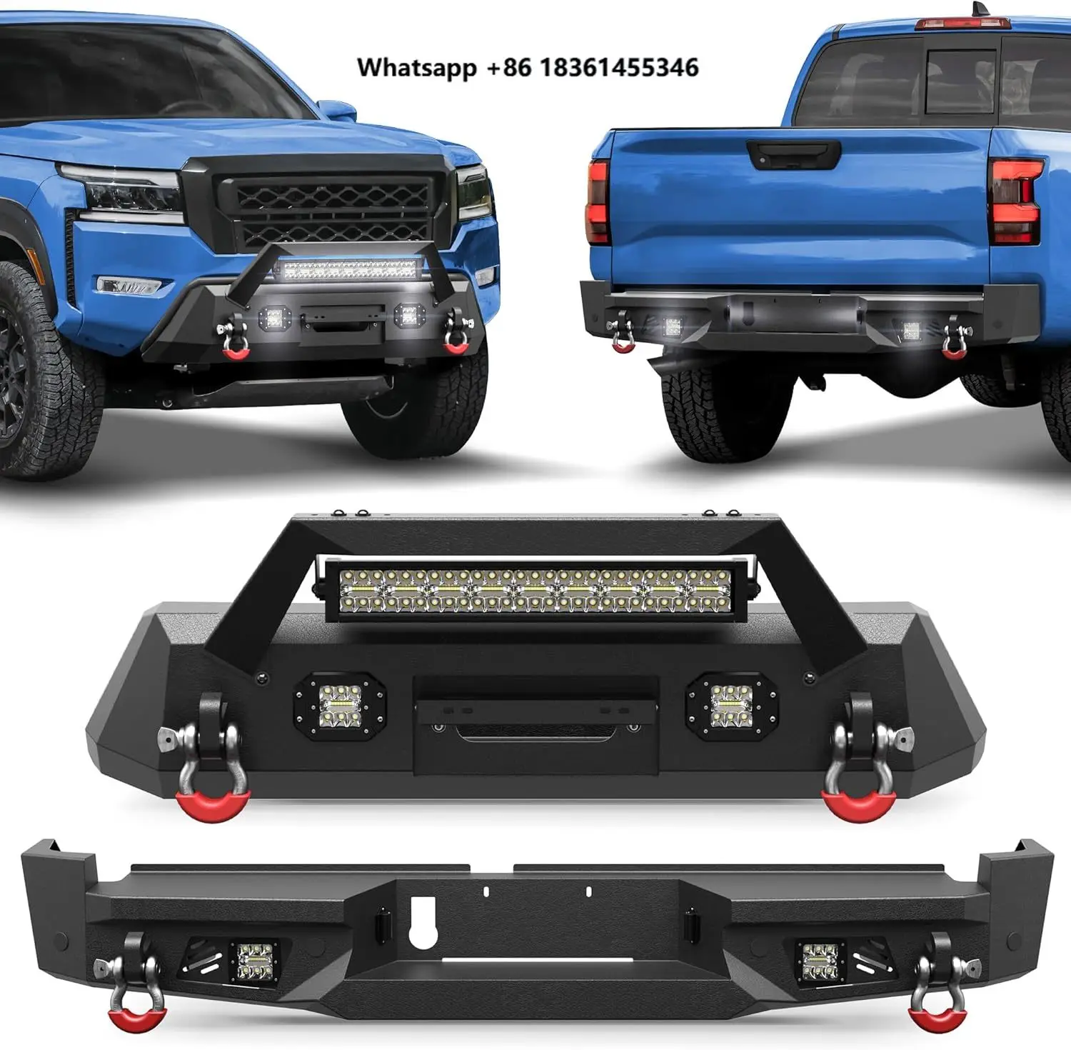 For  2022-2024 Frontier, w/Winch Plate, Light Bar, LED Lights & License Plate BracketOffroad Front & Rear Bumper Set