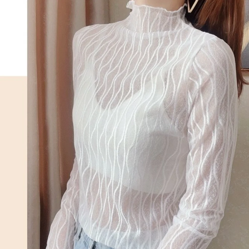 Ruffle Mesh Lace Top Casual High Collar Wave Transparent Long Sleeved Top Sunscreen Clothing Korean Style Streetwear