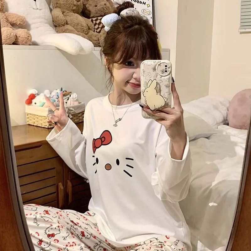 かわいいハローキティ女性パジャマセット春秋アニメ長袖パンツツーピースセット女の子ホームウェアカジュアルルーズラウンジウェア