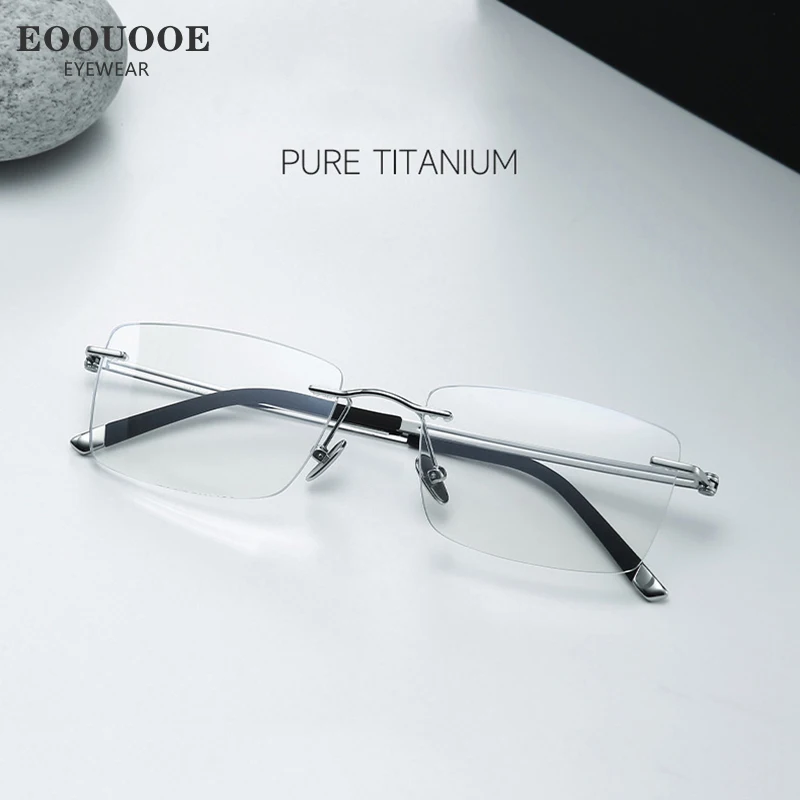 Men's New Rimless Optics Glasses Square Pure Titanium Prescription Lenses Progressive Myopia Eyewear Reading Eyeglasses Rubber