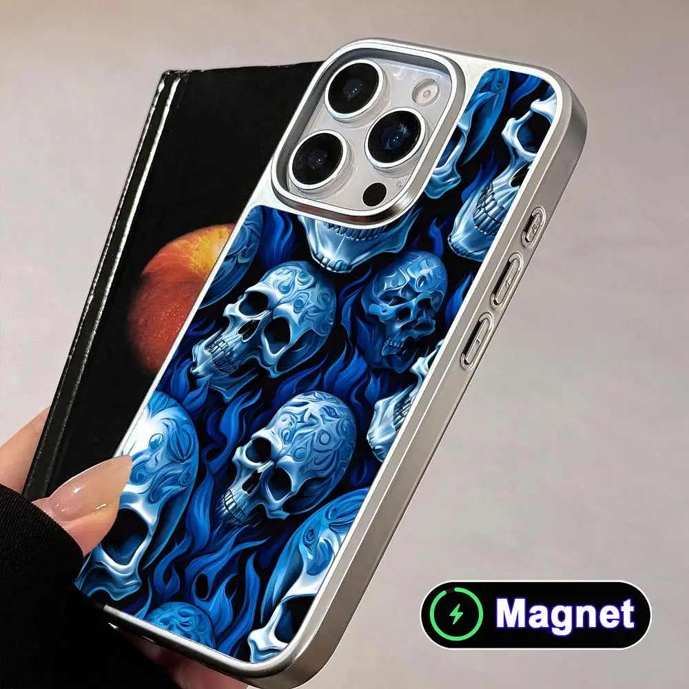 

Luxury Silver Skull Phone Case for iPhone 17 16 15 14 13 12 11 Air Pro Max Plus Electroplated Silver Magnet Cover