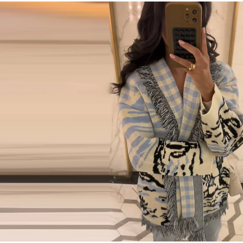 Jacquard Fringe Belted Wrap Knit Cardigan Lapel All Over Pattern Raw Fringe 2026 Autumn Winter Commute Lady Women Casual Coat 16 S796f10dbffdb45eabb042d13a8d73ea98