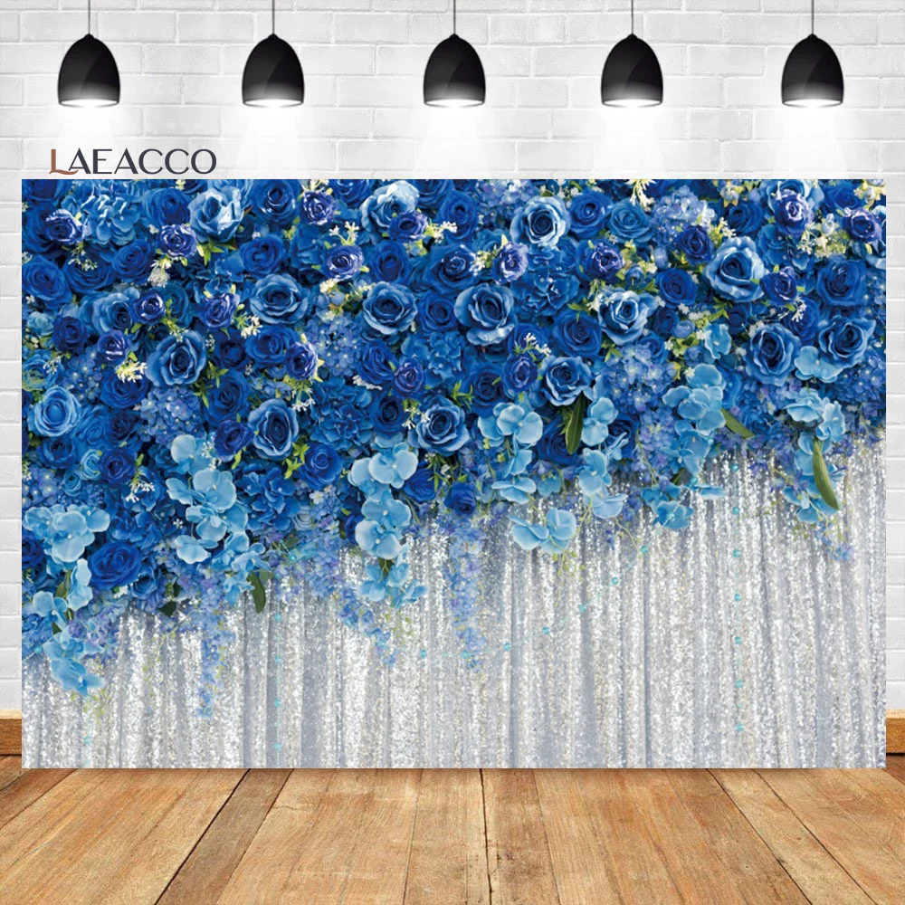 Laeacco Wedding Floral Rose Wall Backdrop Blue Flower White Curtain Valentines Day Bridal Shower Portrait Photography Background