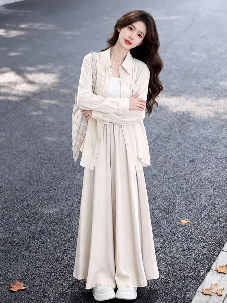 

Ele Loose irt And Casual Pants Set Women's Spring Travel Outfit High Waist Long Skirt Tee Piece Suite Comfortable Sle