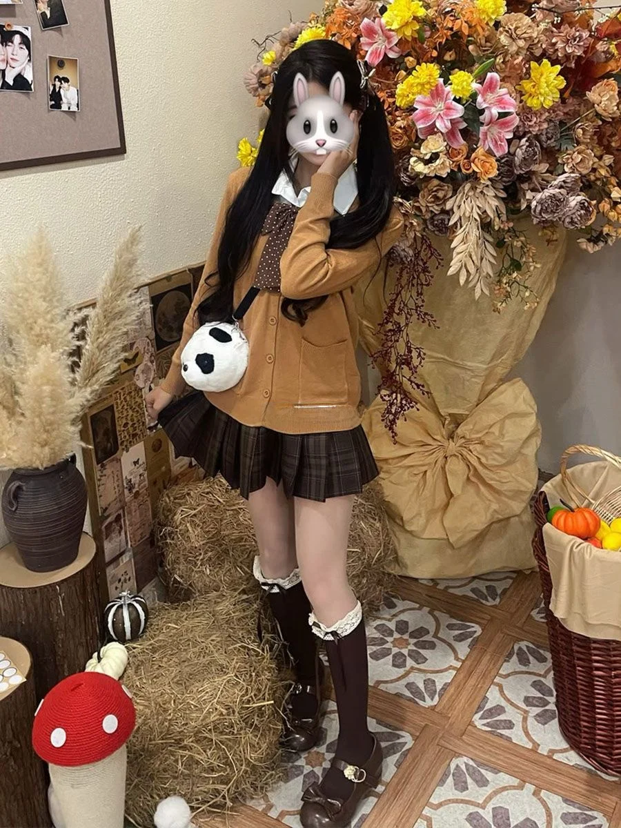 

Комплект: вязаный кардиган JK original design и юбка в японском стиле, осенне-зимний, цвет карамельный, в клетку