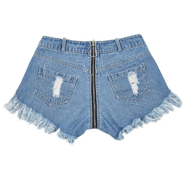 Fashion Short Jeans Woman Sexy Blue Front Back Zipper Fly Vintage High Waist Jeans Women Hole Night Club Shorts Clothes