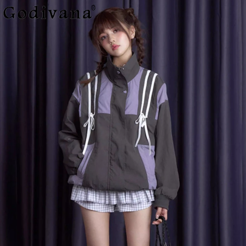 

Spring New Japanese Sweet Cool Girl Gray Purple Loose Sports Jacket Stand-up Collar Zipper Waterproof Windproof Long Sleeve Top