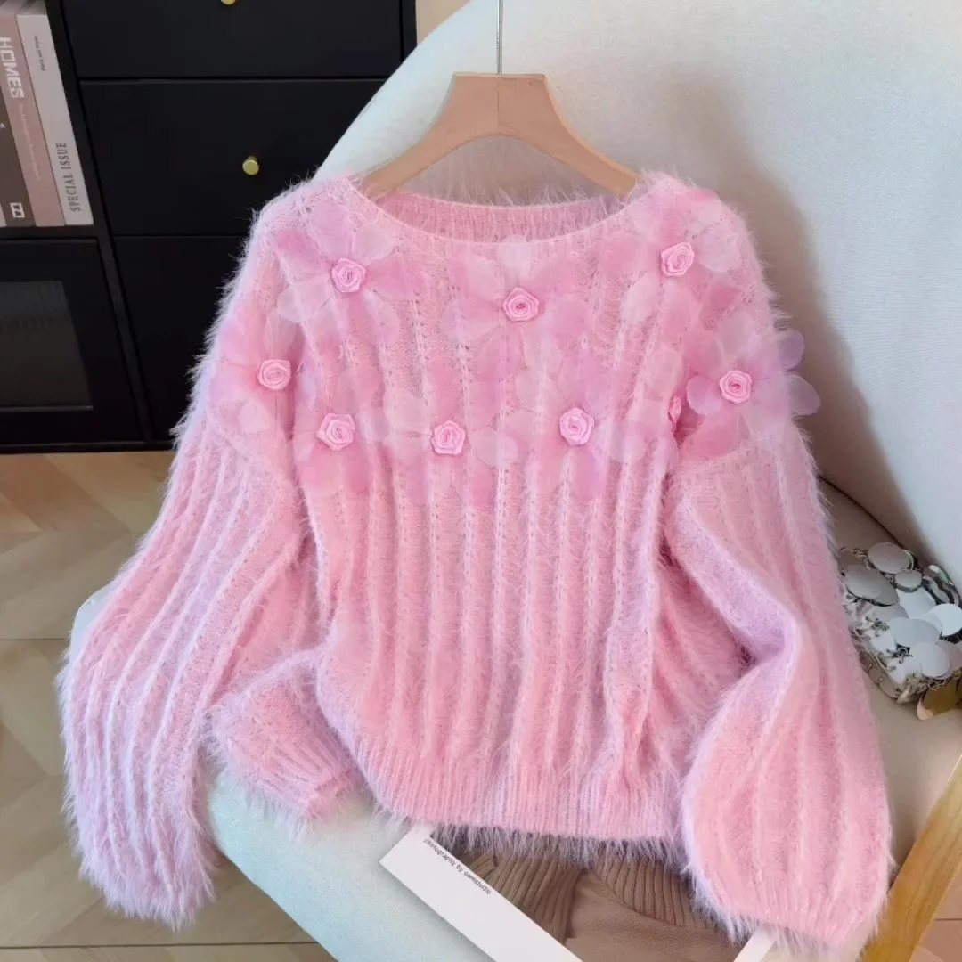 

Women's Pink Pullover Sweater Korean Style 2000s Vintage 3D Floral Long Sleeves Cozy Cashmere Sweater For Women Clothes Spring