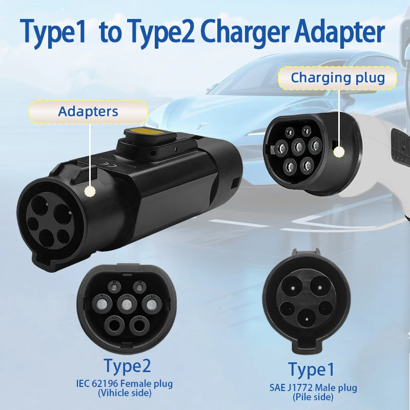 AC Type1 إلى Type2 EV مهايئ شاحن 32A المحمولة J1772 إلى IEC62196 محول الشحن للسيارات الكهربائية Type2