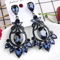 Vintage Jewelry Wholesale Prom Wedding Long Big Navy Blue Gem Stone Dangle Crystal Rhinestone Chandelier Earrings for Women