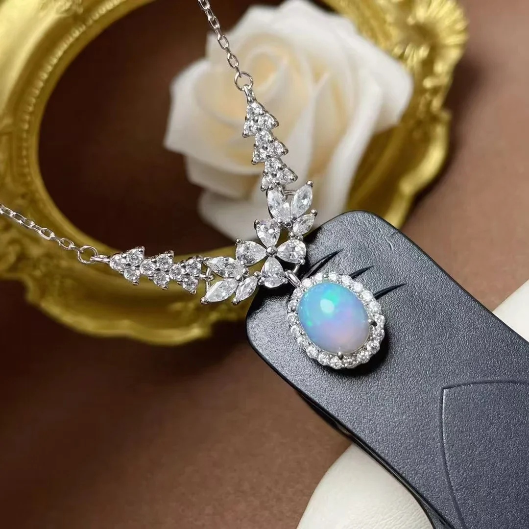 Elegant 925 Silver Necklace for Party 8mm*10mm Natural Opal Necklace 18K Gold Plated Silver  Rose Quartz Jewelry