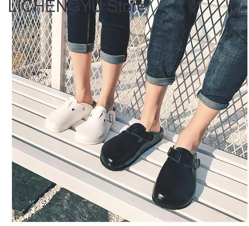 2023 New Fashion Men Beach Cork Slippers Summer Unisex Solid Color Non-slip Outside EVA Waterproof PU Leather Slide Shoe