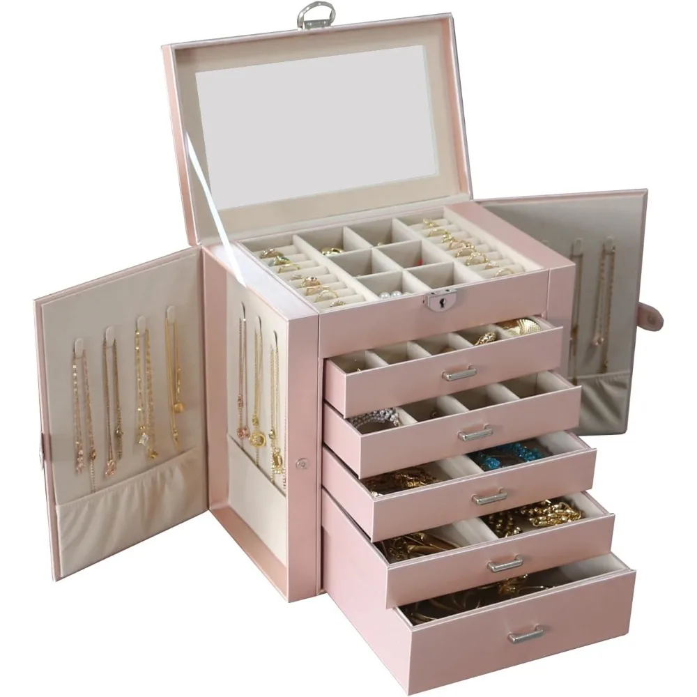 

6 Layer Large Jewelry Organizer with Mirror Lockable Multi Function Storage Box 5 Drawers Accessory Holder for Earrings