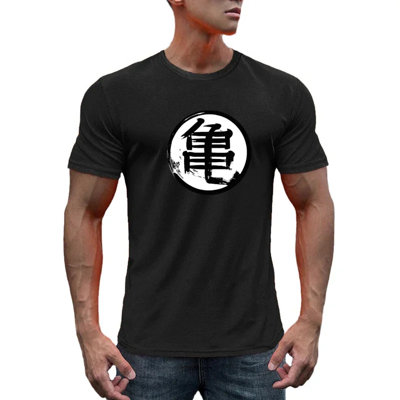 Japanese Anime Turtle Script Print Tops Men Fitness Sport Short Sleeves Shirt Gym Bodybuilding Mesh Breathable Quick Dry T-shirt