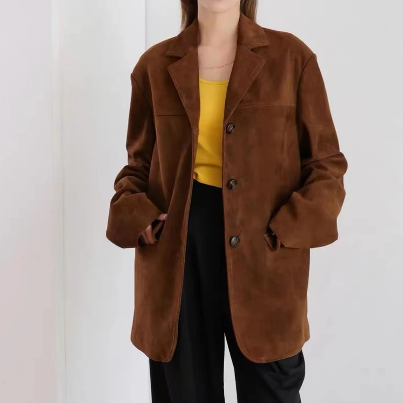 Retro Vintage Maillard Caramel Suede Jacket for Women Loose Fitting 2023 New High-end Genuine Leather Suit Medium Length Coat