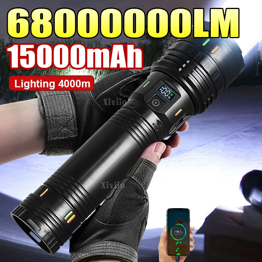 【セール中】68000000LM超強力なLED懐中電灯15000MAHビルトインバッテリー充電式トーチズーム4km強力なライト戦術懐中電灯