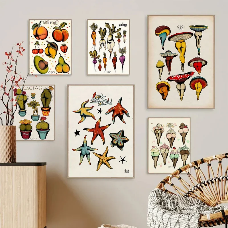 Sexy Mushroom Cactass Carrots Booty Tattoo Flash Wall Art Minimalist Print Canvas Painting Posters for Living Room Home Decor