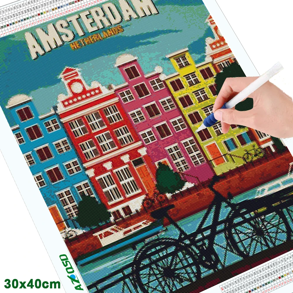 AZQSD Diamond Painting City Postcard Cross Stitch Needlework Full Square Round Drill Embroidery Landscape Street Home Decor