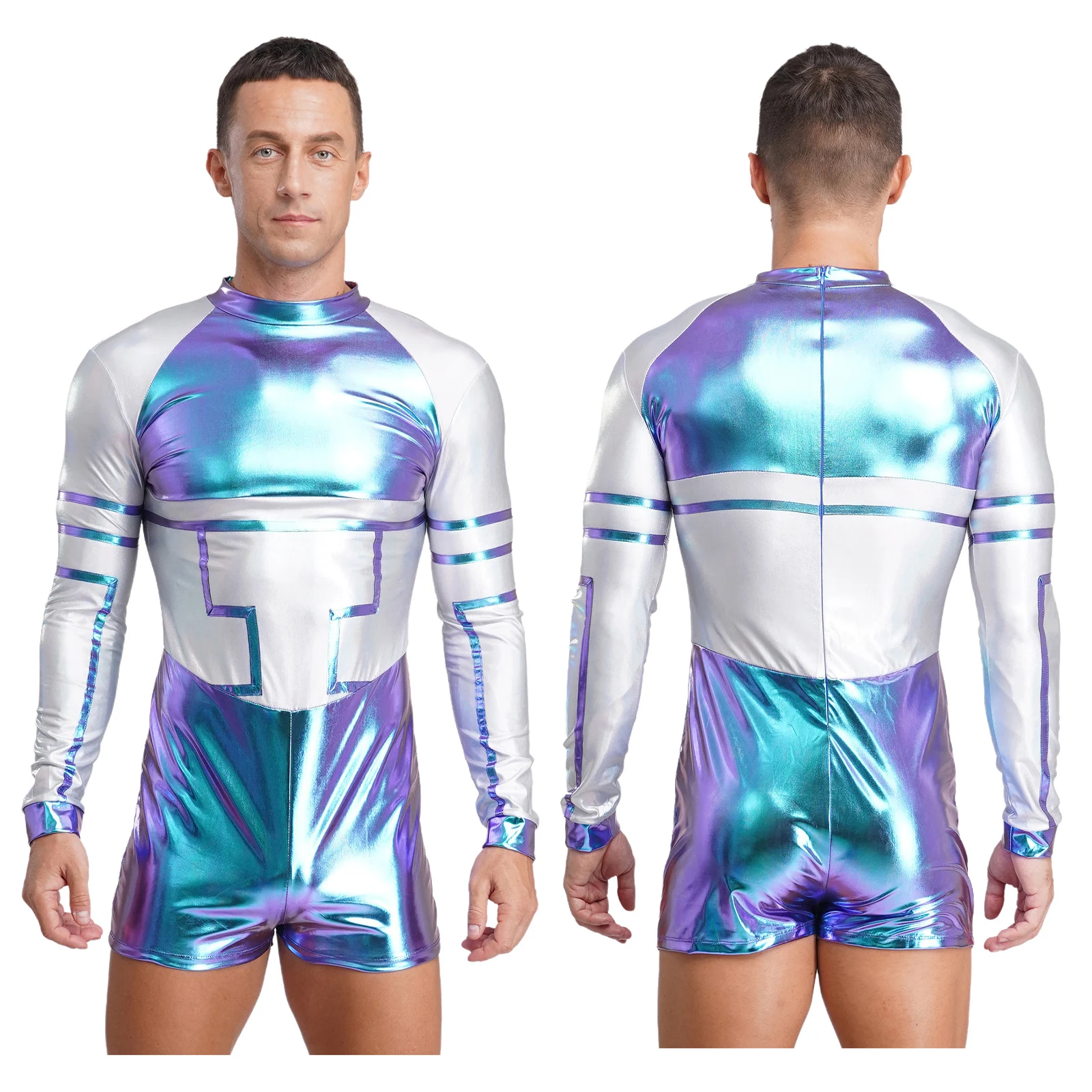 Mens Halloween Carnival Alien Astronaut Cosplay Costume Contrast Color Metallic Shiny Long Sleeve Back Zip Jumpsuit Bodysuit