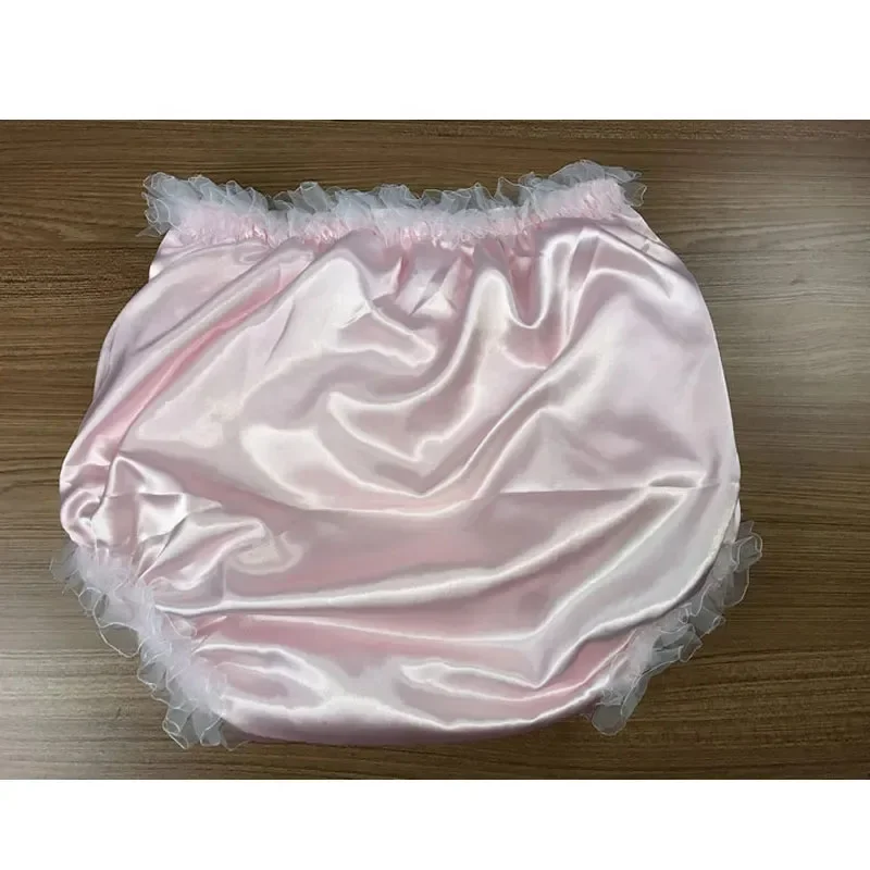 ABDL Adult Baby Diaper Panties Lolita Fashion Double layer Pink Pleated Lace PVC Plastic Satin Briefs Leak Proof Hygiene Panty
