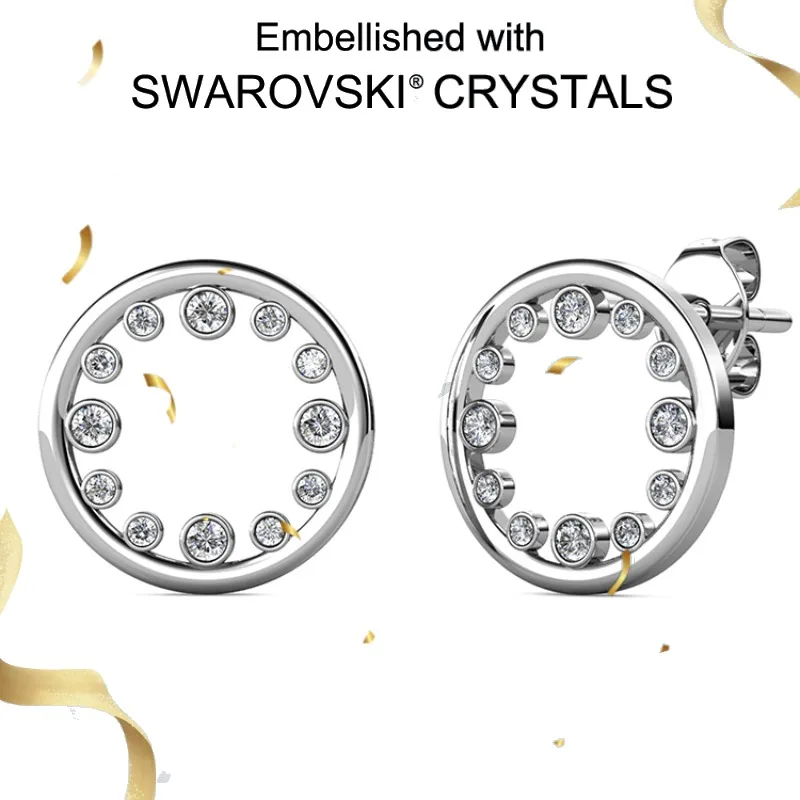 

Daisini Round Hollow Out Small Ear Studs for Women 925 Sterling Silver Fine Jewelry Embellished with Swarovski Crystals Gift