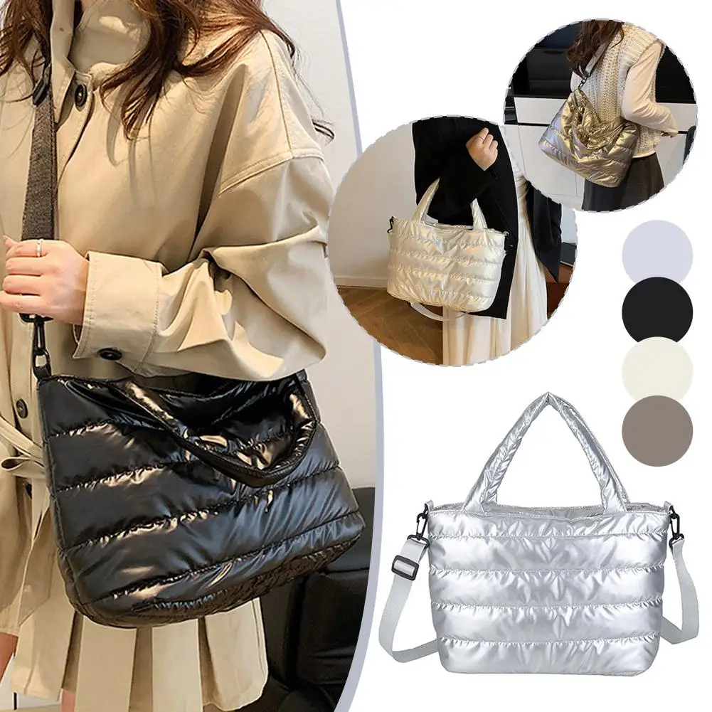 Damenhandtaschen, leichte Puffy-Handtasche mit großem Fassungsvermögen, gesteppte Schultertasche mit verstellbarem Riemen, Puffer-Tragetasche, Einkaufstasche – Detail 39
