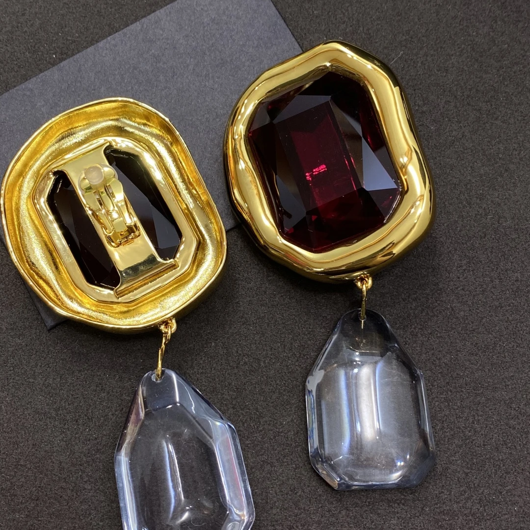 Fashion Designer Brand Retro Geometric Red Crystal Large Ear Clip Earring Woman Top Quality Luxury Jewelry