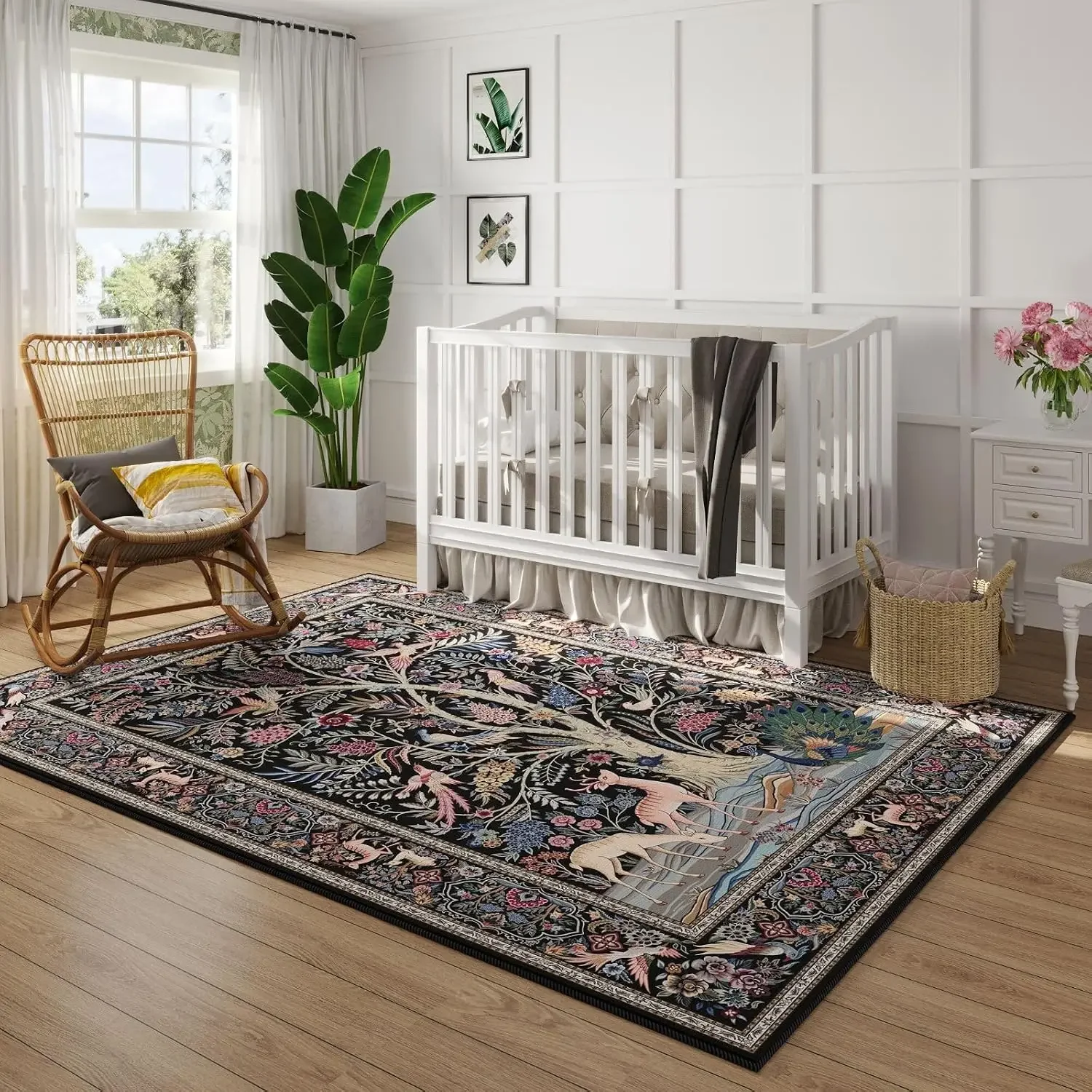 Tree of Life Rug, Black Base Wildlife Botanical Boho Home Design, Non-Slip Washable Mat for Bedroom Lounge Game Room Decor