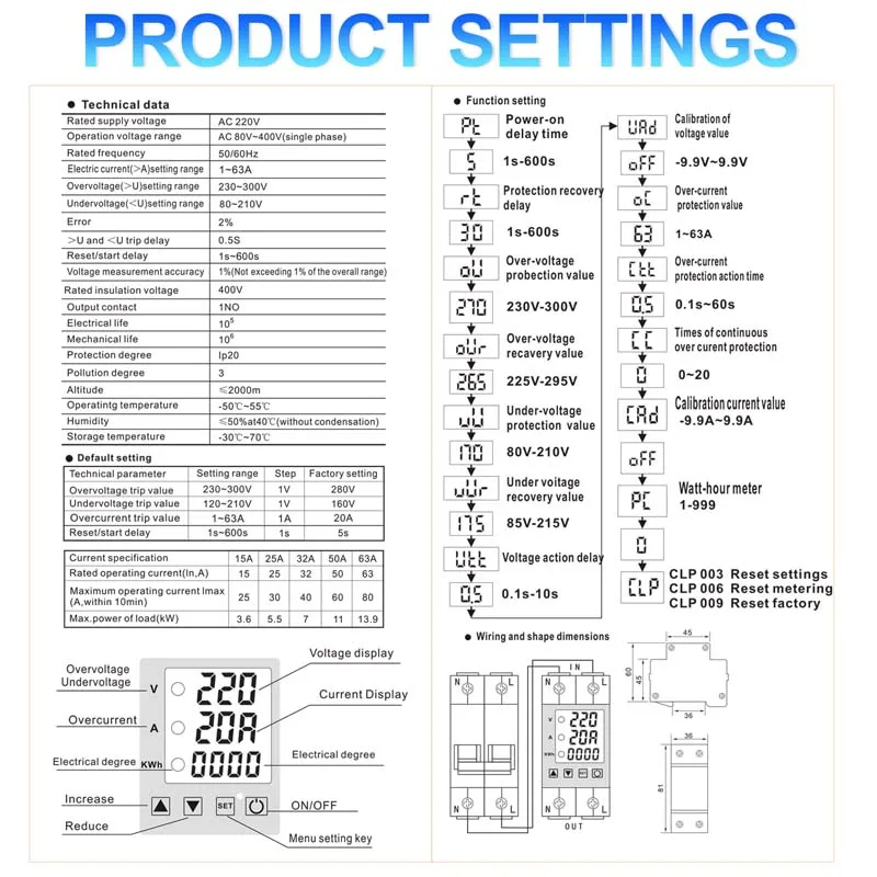 Regulowany wielofunkcyjny cyfrowy monitor prądu przemiennego o mocy 2P 63A miernik energii kWh wyciek ziemi pod ogranicznik napięcia