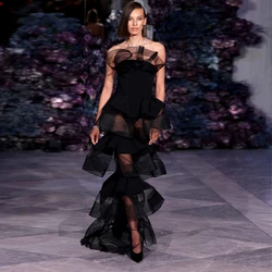 Vestido largo de satén de Organza para mujer, traje Formal negro sin tirantes, con purpurina escalonada, para fiesta de graduación, 2024