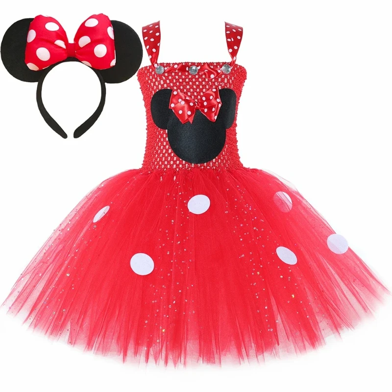 Red Minnie Tutu Dress Costume for Girls Glitter Dots Cartoon Tulle Princess Dress for Kids Halloween Carnival Party Dress Up Set