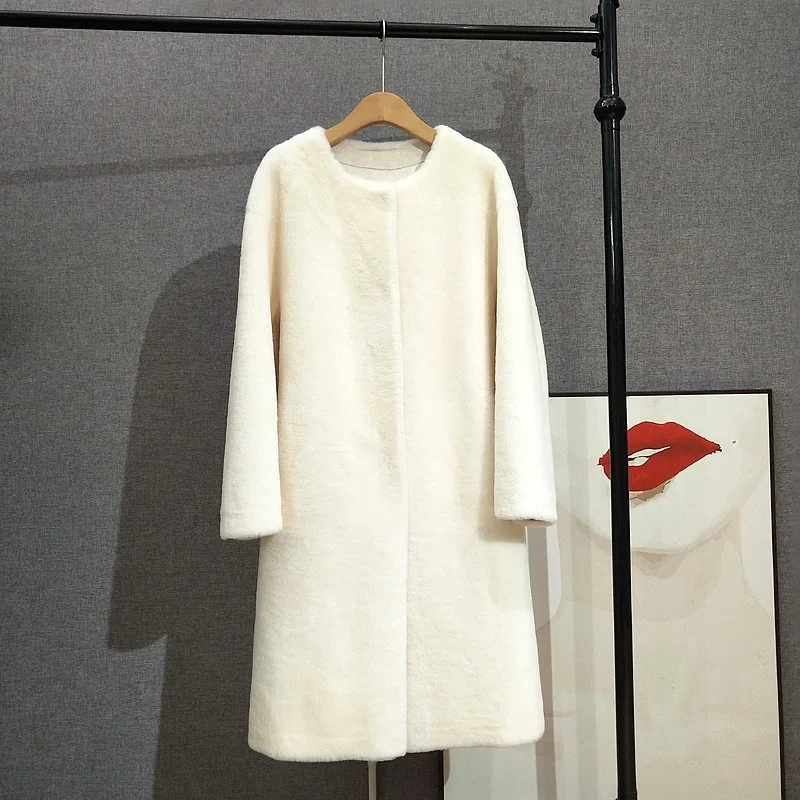 Women Simple Luxury Round Neck 100% Lamb Fur Long Coat Sheep Shearling Female Winter Warm Jacket Parka PT371