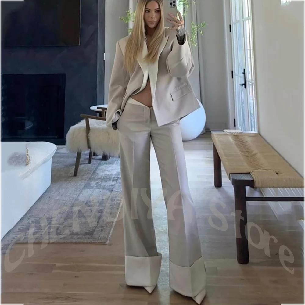Modern Design Women Suit Peak Lapel Casual Loose Jacket Pants With Hem New Fashion Show Party Streetwear Outfit Costume Homme