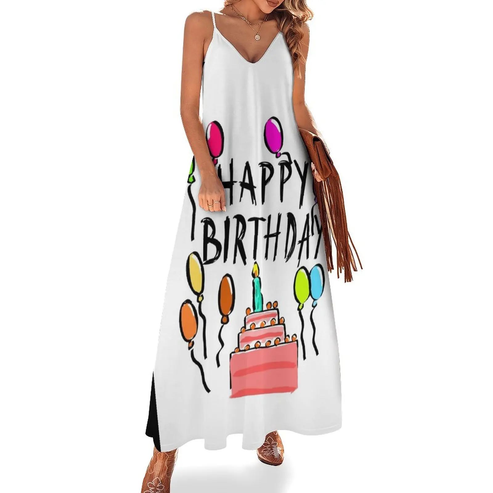 

Happy Birthday! Sleeveless Long Dress women party dresses Evening gown Dress