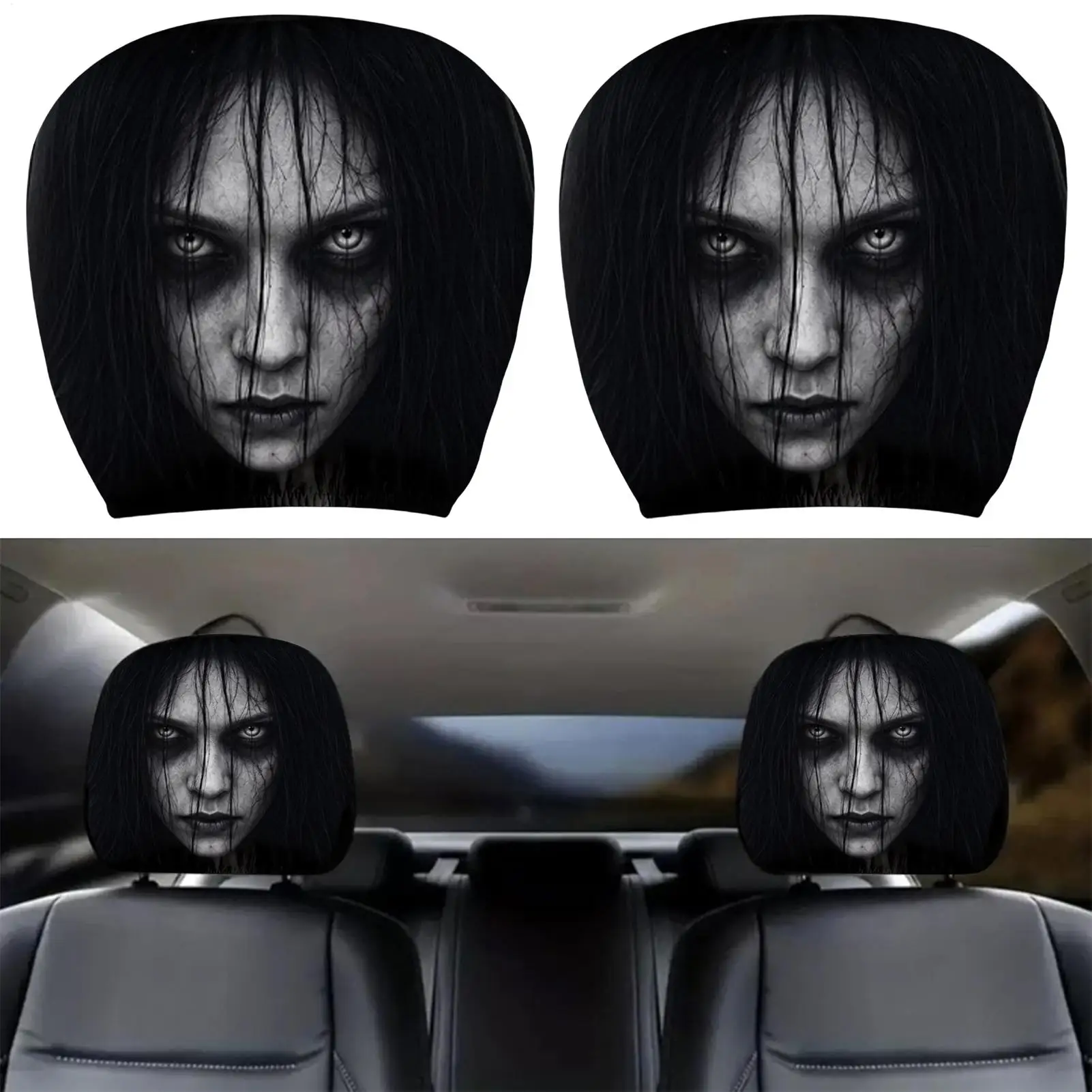 2pcs Scary Headrest Cover Universal Spooky Ghost Face Car Seat Headrest Cover For SUVs Trucks Halloween Trip Travel Daily
