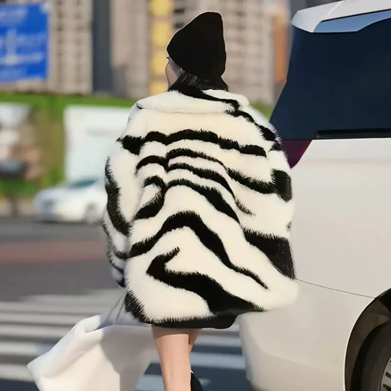 2024 Winter New Women Zebra Pattern Printing Imitation Fur Jacket Casual Lapel Long Sleeve Faux Fur Coat Female Casaco Feminino