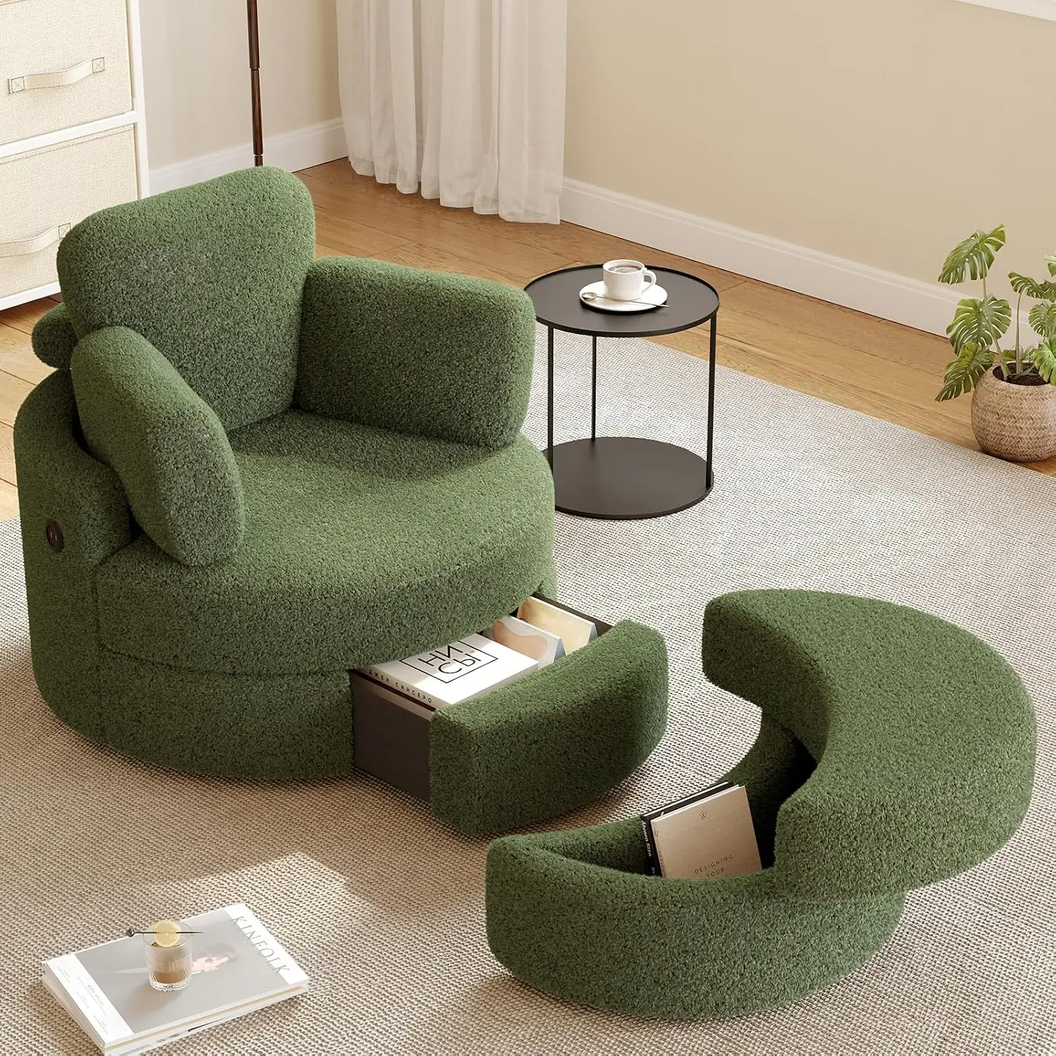 Swivel Accent Chair with Ottoman, Barrel Chair with Drawer & USB, 360° Rotation for Living Room, Teddy Fabric, Customized