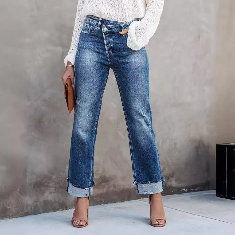 High Waist Washed Jeans Casual Loose Cuffed Pants Women Fashion Spring Style Chinese Manufacturer Summer Collection