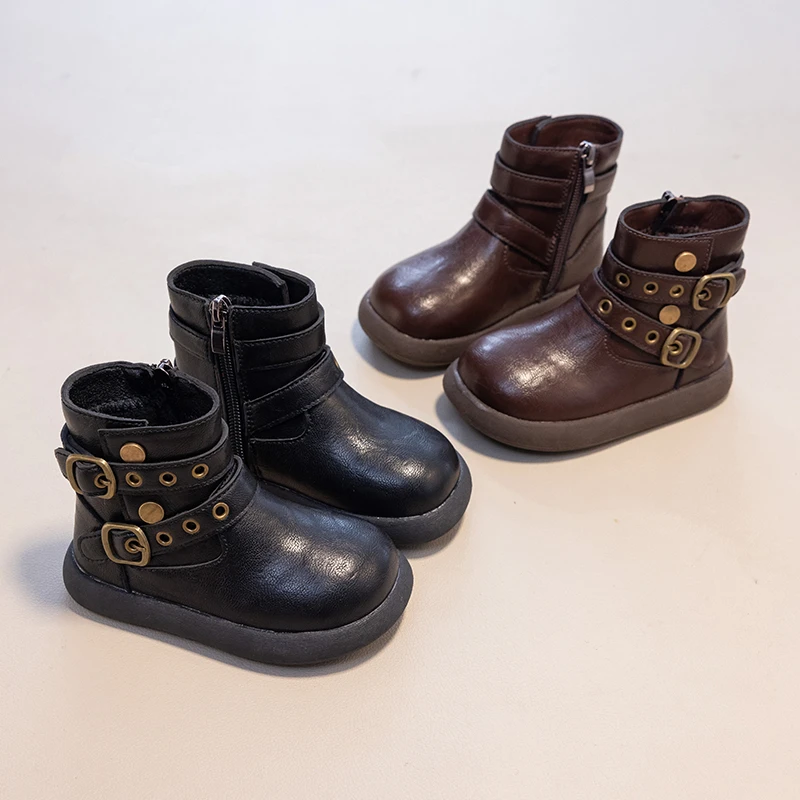 Little Girls Buckle Strap Leather Boots 2026 New Winter Kids Warm-lined Ankle Boots Non-slip Trendy Punk Style School Footwear
