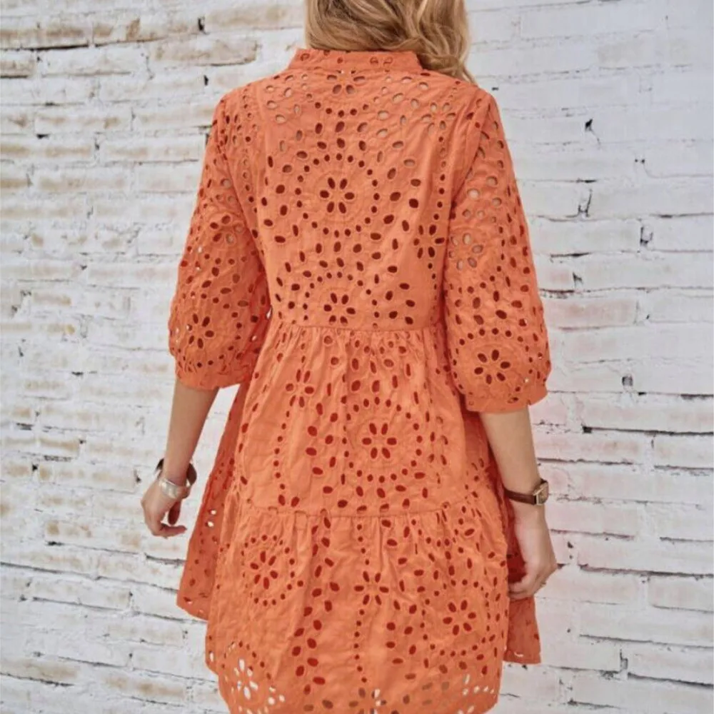 Spring Summer New Solid Color Hollow Out Fashion 7 Point Sleeve Dress Wmen\'s Casual Loose Simple Elegant Female Holiday Dresses