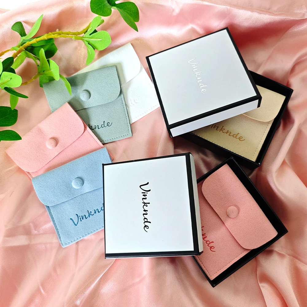 

24/50/100Pcs Luxury Cardboard Paper Bracelet Necklace Jewelry Boxes Packaging with Custom Logo Microfiber Button Snap Gift Bag